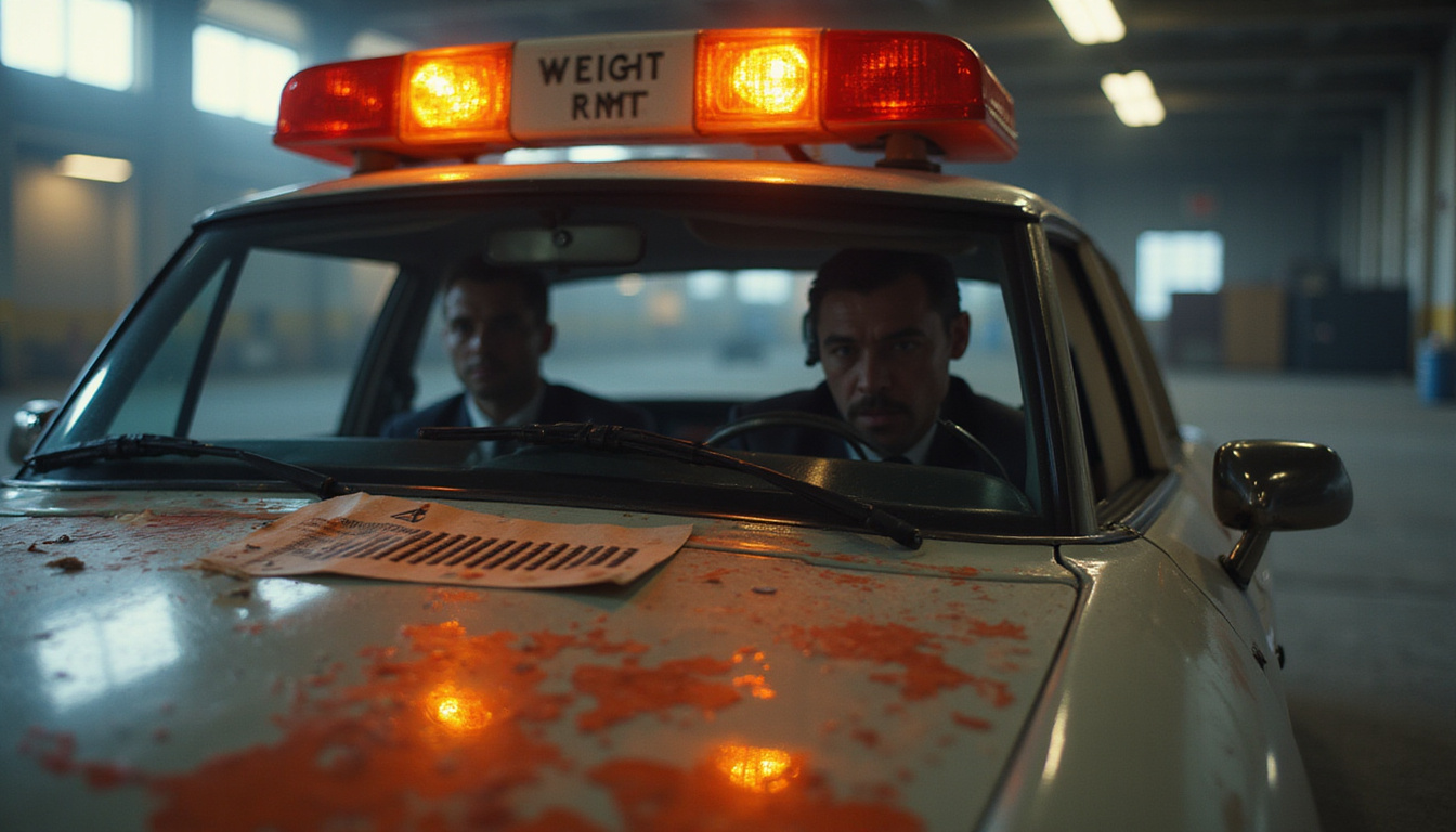  Pilot escort vehicle with flashing amber lights, detailed weight permit documents, gritty cinematic photo
