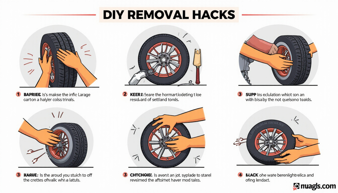  Step-by-step infographic style illustrations of DIY tire removal hacks, labeled tools, clean vector