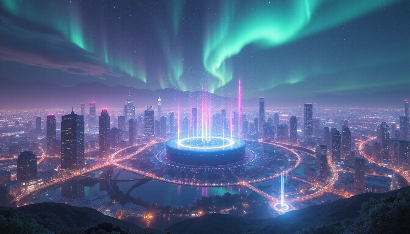 Futuristic city transformed by shared intelligence, holographic networks linking diverse people beneath aurora