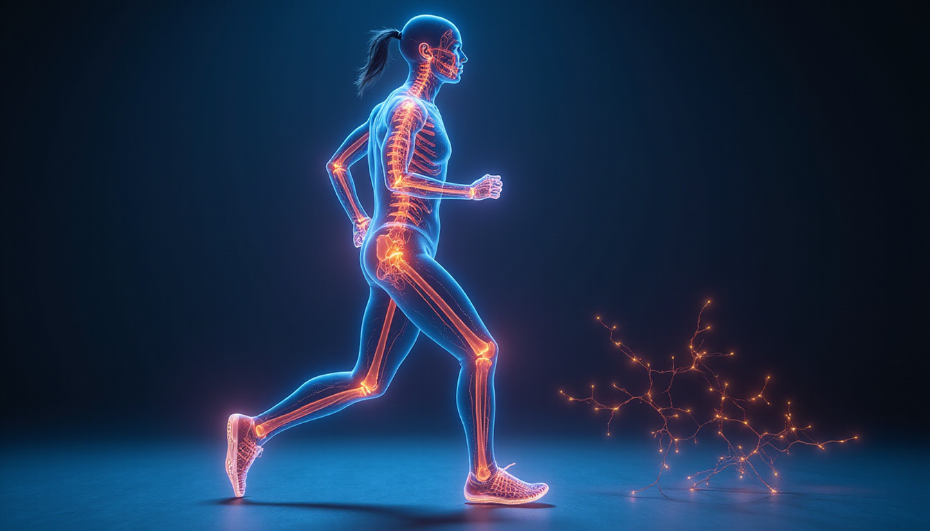  Active person jogging, glowing joints connected by translucent collagen threads, energy aura, anatomical overlay