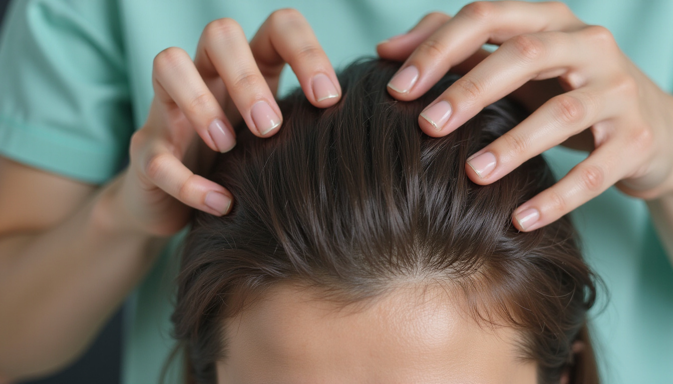  Close-up scalp massage, delicate fingers, revitalizing botanical oils, microscope view of healthy follicles