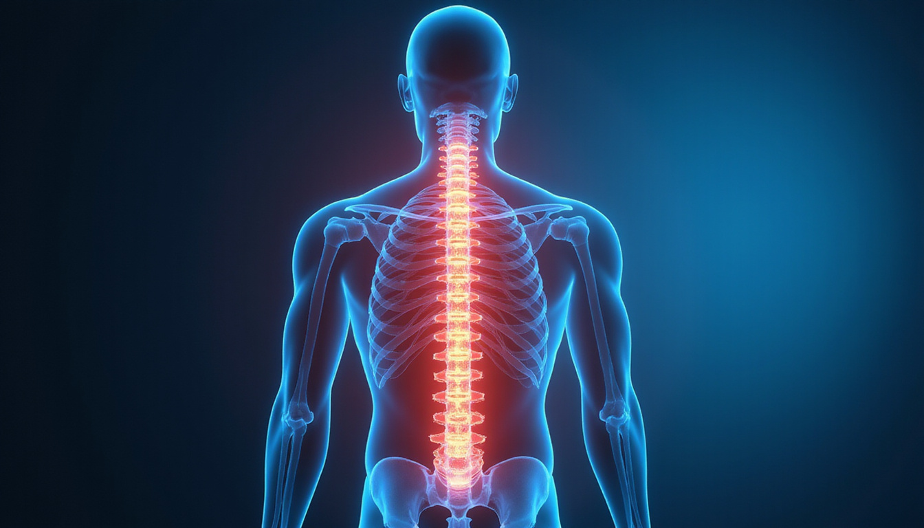 Anatomical glowing spine overlay demonstrating fast pain relief, serene Singapore clinic, compassionate care