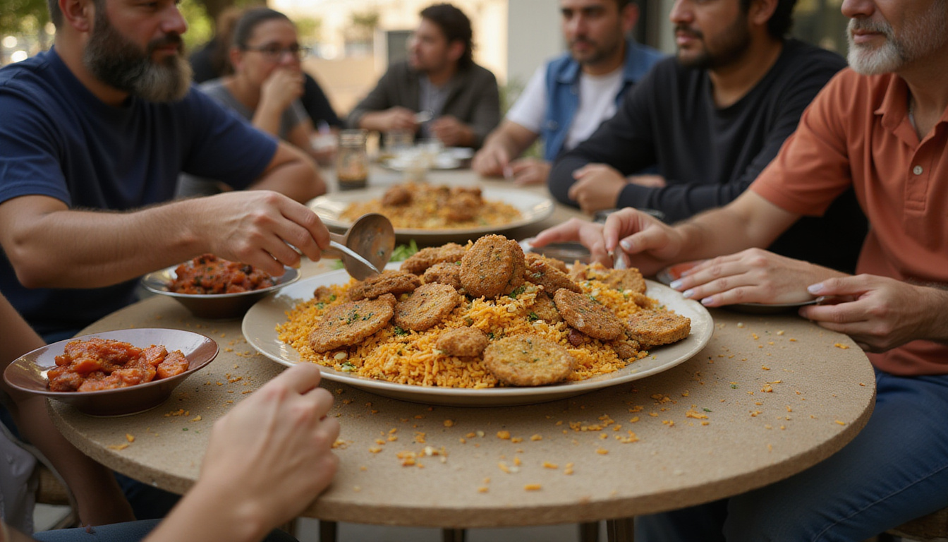  Locals sharing koshari and falafel at crowded outdoor table, warm light, authentic textures