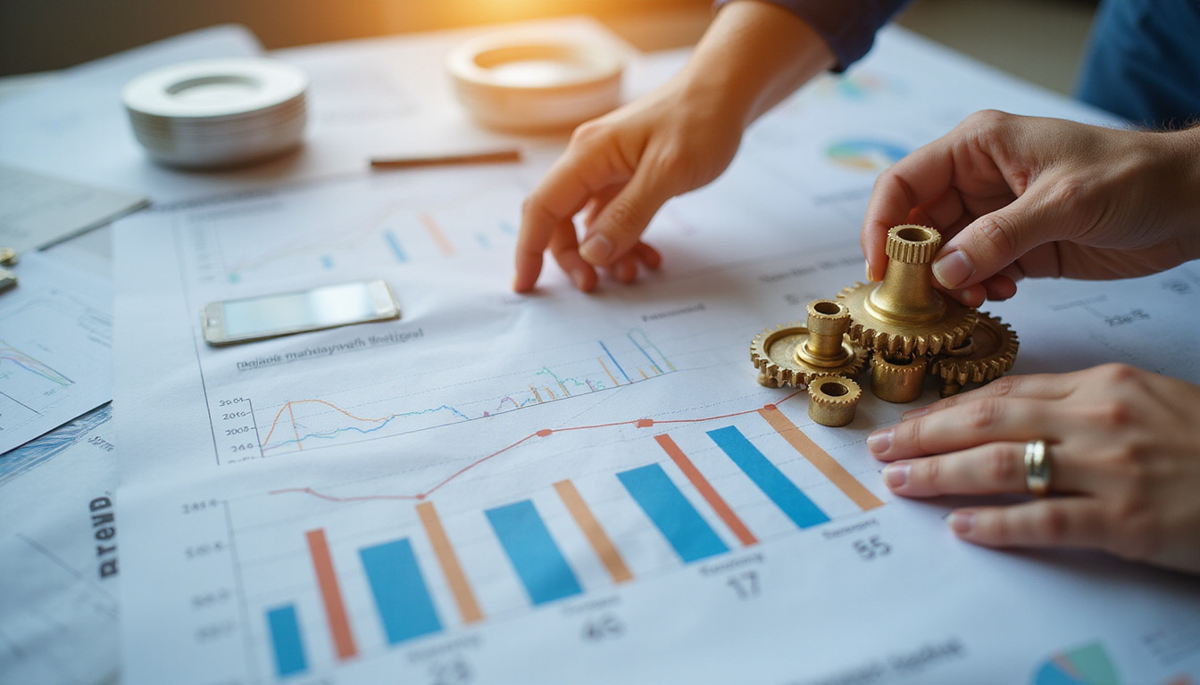Corporate marketing-sales pipeline on blueprint paper, hands adjusting brass gears, ascending revenue charts