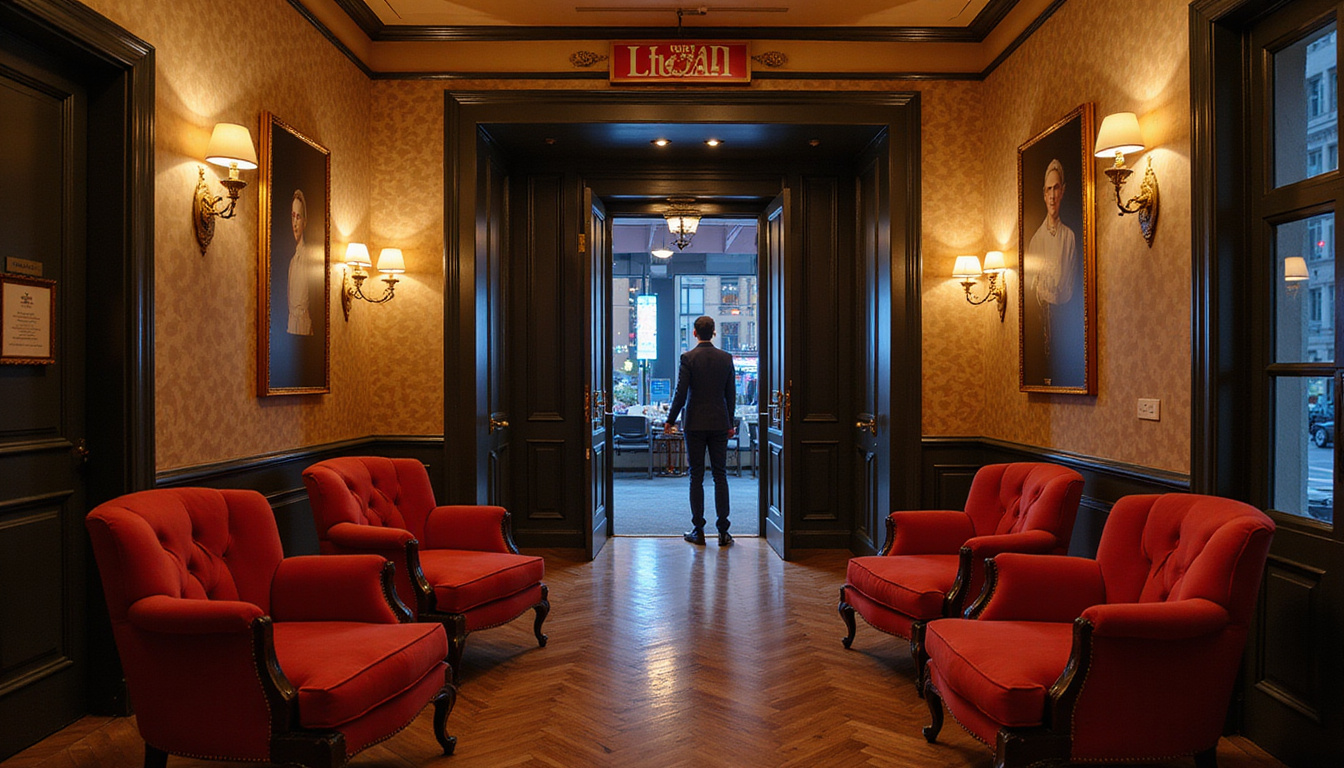  Discreet concierge revealing secret passage, velvet armchairs, golden accents, late-night city lights