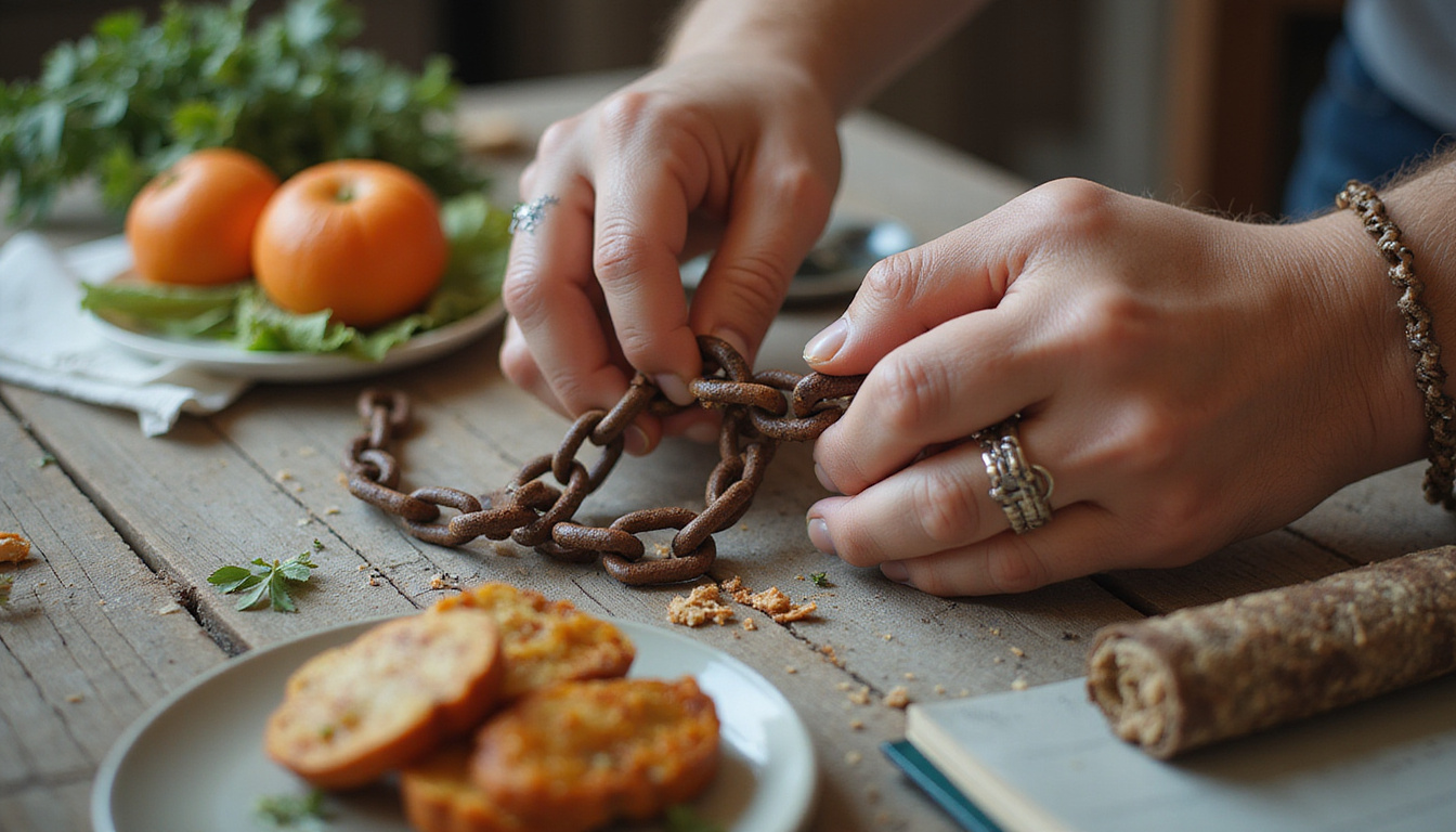  Close-up hands breaking rusty chains labeled cravings, vibrant healthy meals and journal nearby