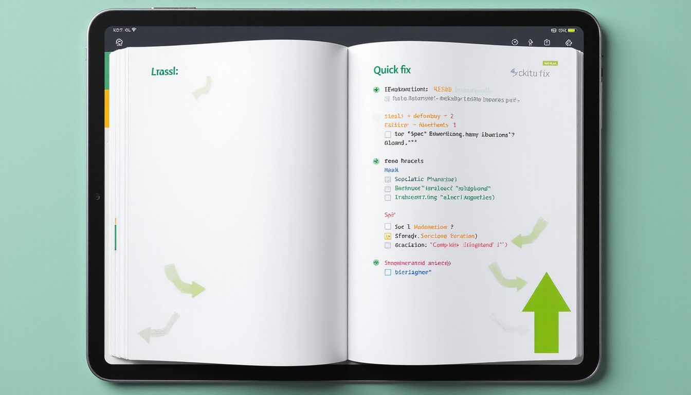 Open playbook on a tablet with annotated quick fix checklist, code snippets, green upward arrow, minimal workspace