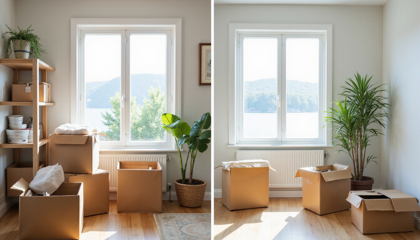 Before-and-after home interior decluttering, pros tossing boxes, recycling, clean minimalist space, sunlit coastal window