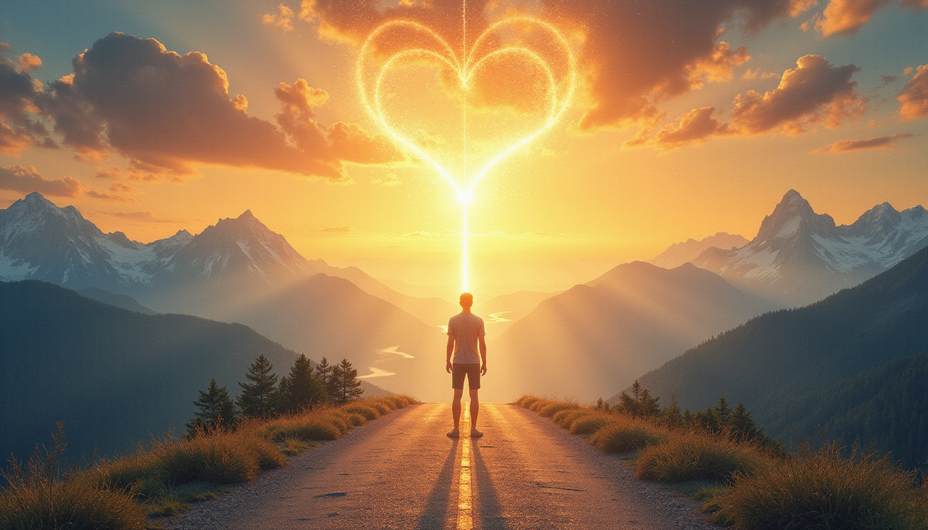 Serene person standing at crossroads of light, golden threads connecting heart to distant mountains