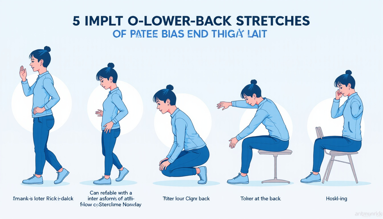  Infographic-style sequence: simple lower-back stretches, posture fixes, recovery tips, clear illustrations, blue tones