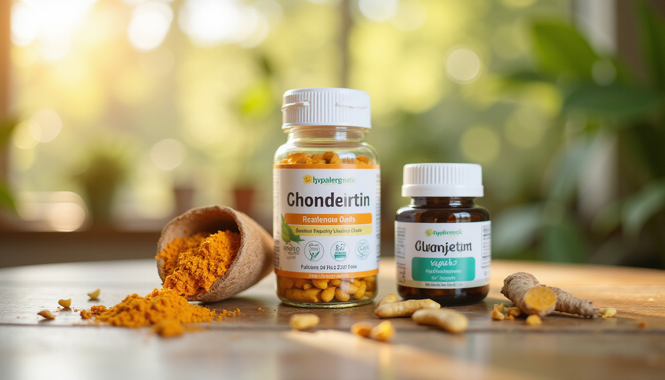  Alternative supplements on wooden table: turmeric, chondroitin, vegan glucosamine, labeled 