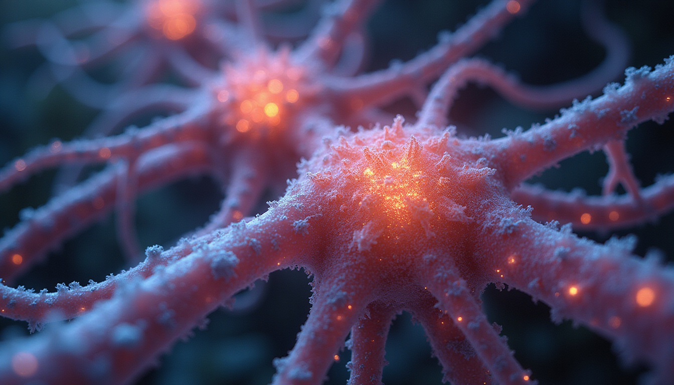  Microscopic view of exosomes healing inflamed nerve fibers, radiant regenerative energy, scientific visualization