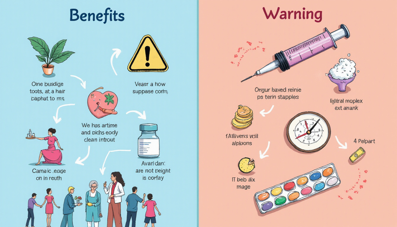  Split-scene infographic: benefits icons versus warning symbols, dosage syringe and pill organizer