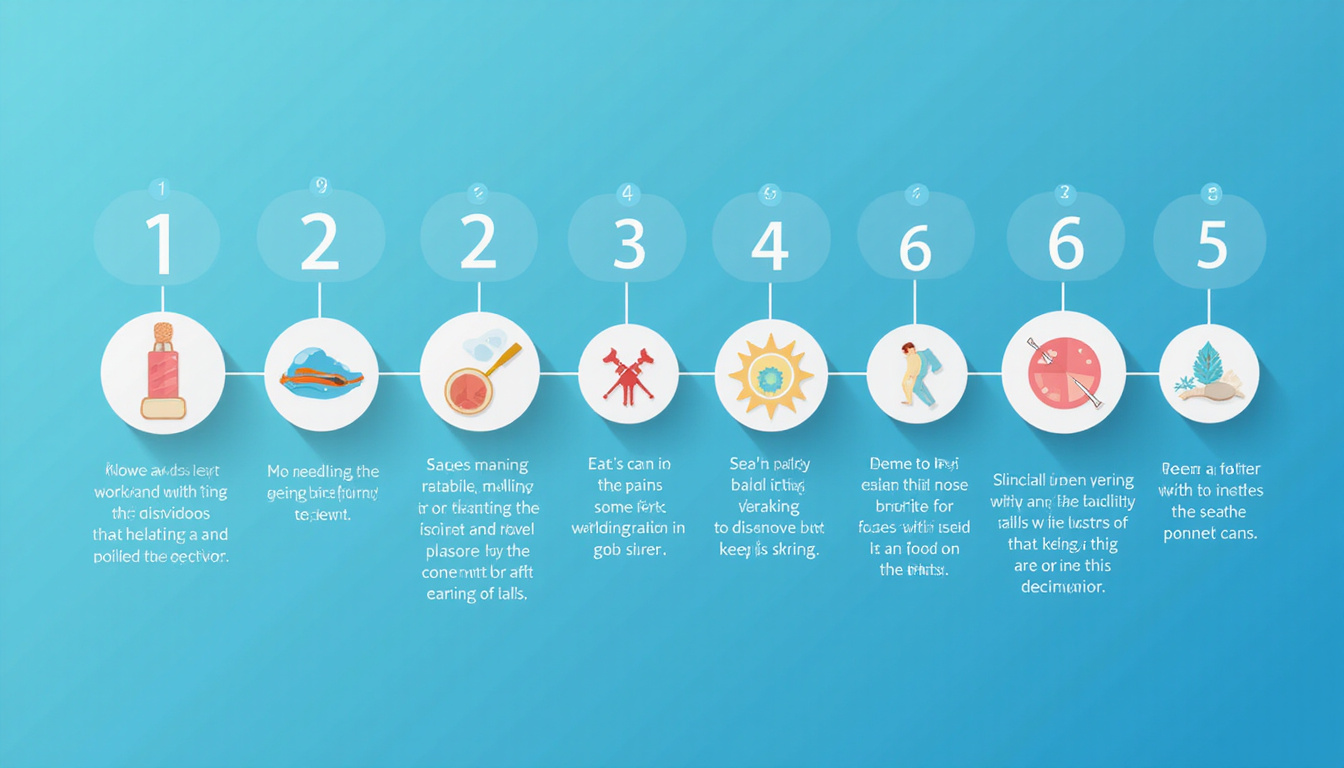 Infographic-style staged steps, numbered ten, pain points melting away, modern flat icons, calm blue palette