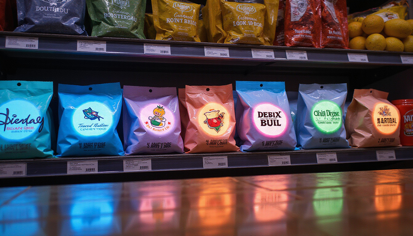  Retail shelf showing varied packages, shimmering spot UV logos catching light, shoppers reaching, vibrant colors