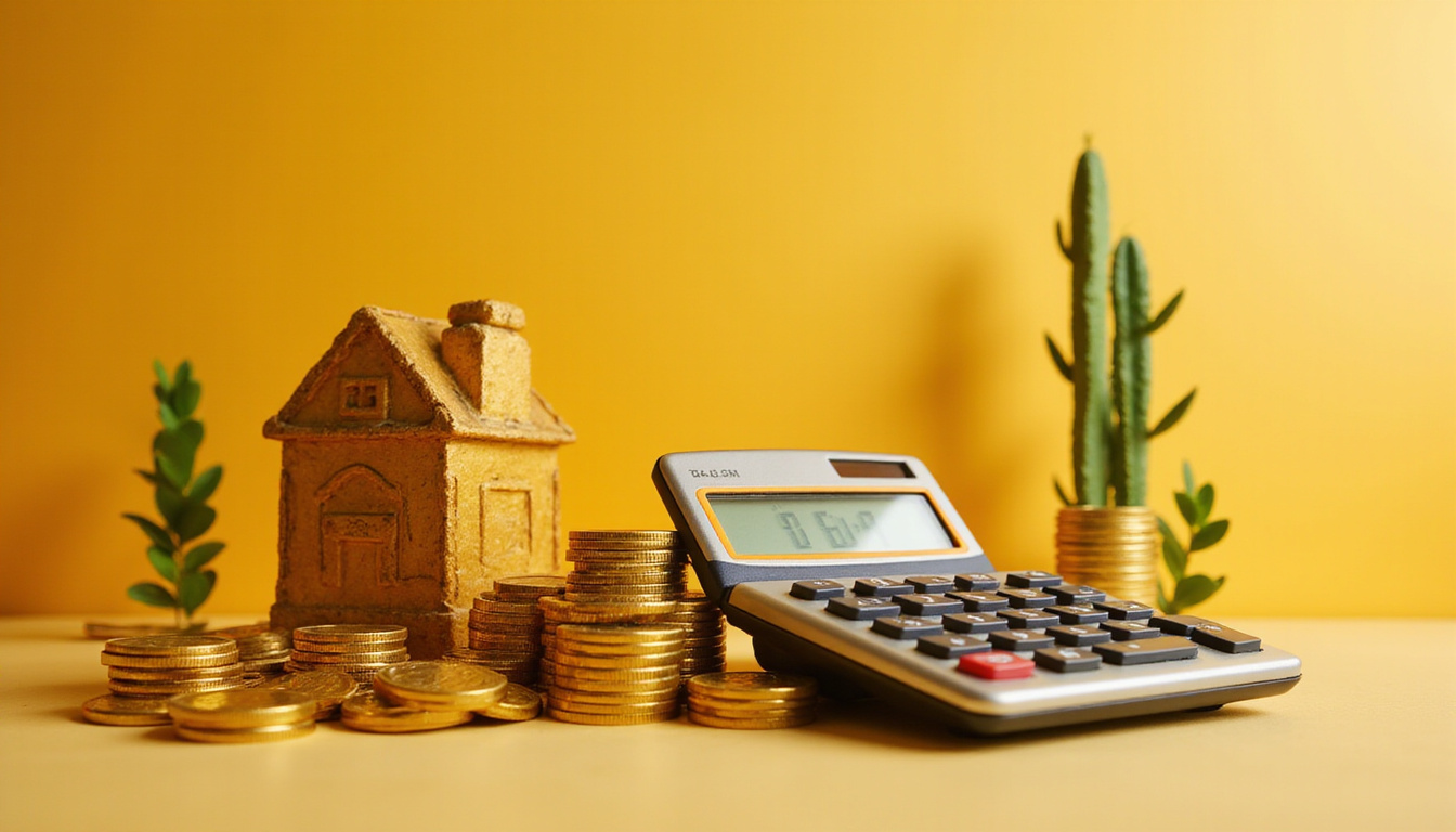  Egyptian home by Nile, golden pound coins stacked, calculator showing reduced monthly payment