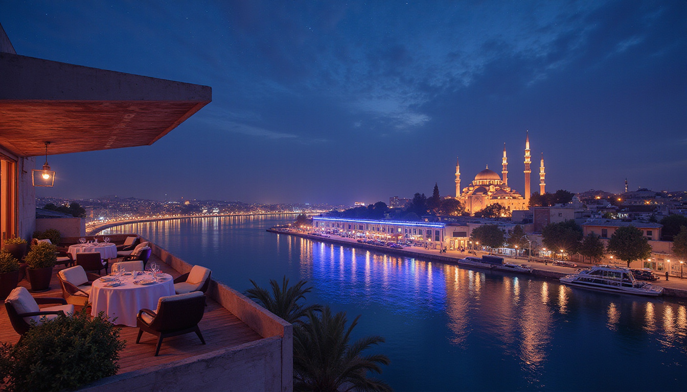 Nighttime rooftop bar with panoramic Nile view, twinkling city lights, domes and minarets