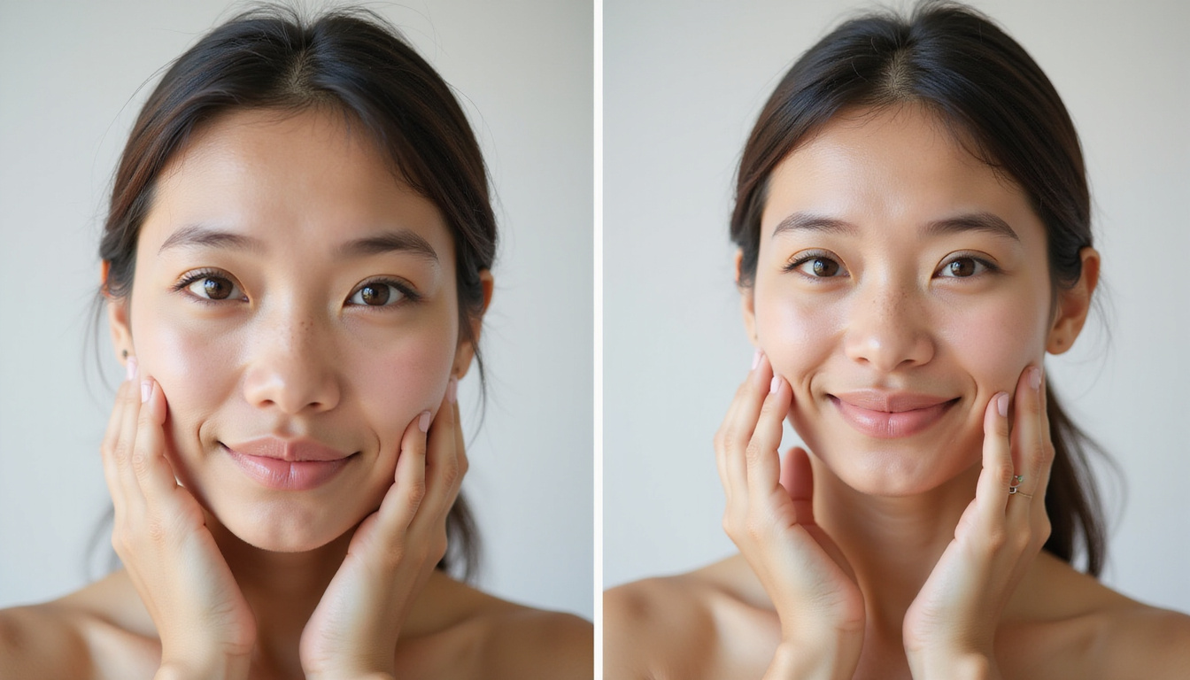 Split-screen before-after bloated face to de-puffed glowing skin, cool compress, serene mirror