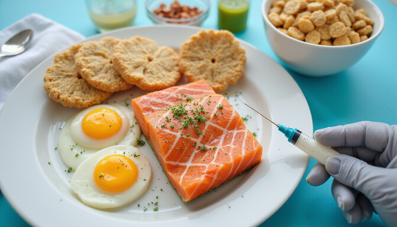 Colourful still life: salmon, eggs, fortified cereal, B12 supplements, syringe, doctor