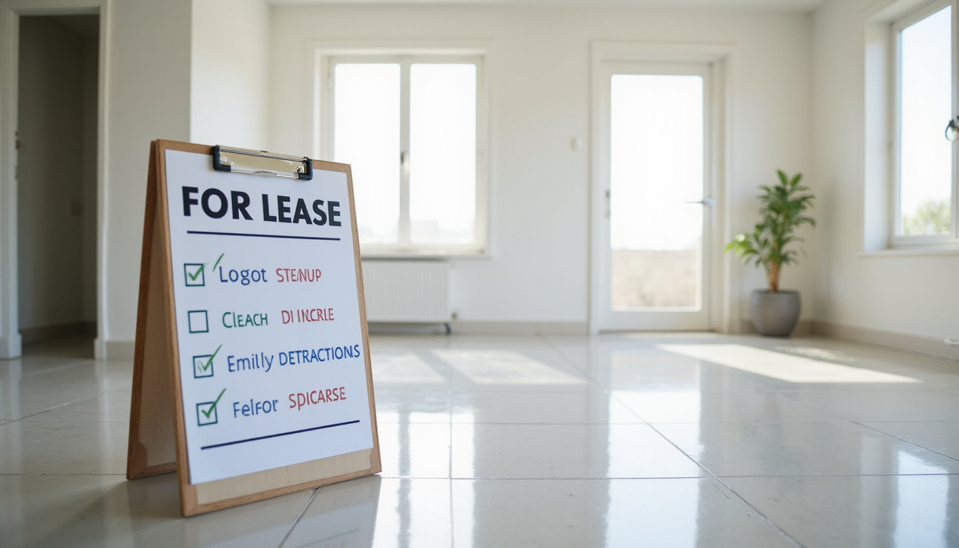 clean, empty apartment after tenant cleanout, sparkling floors, For Lease sign, clipboard checklist