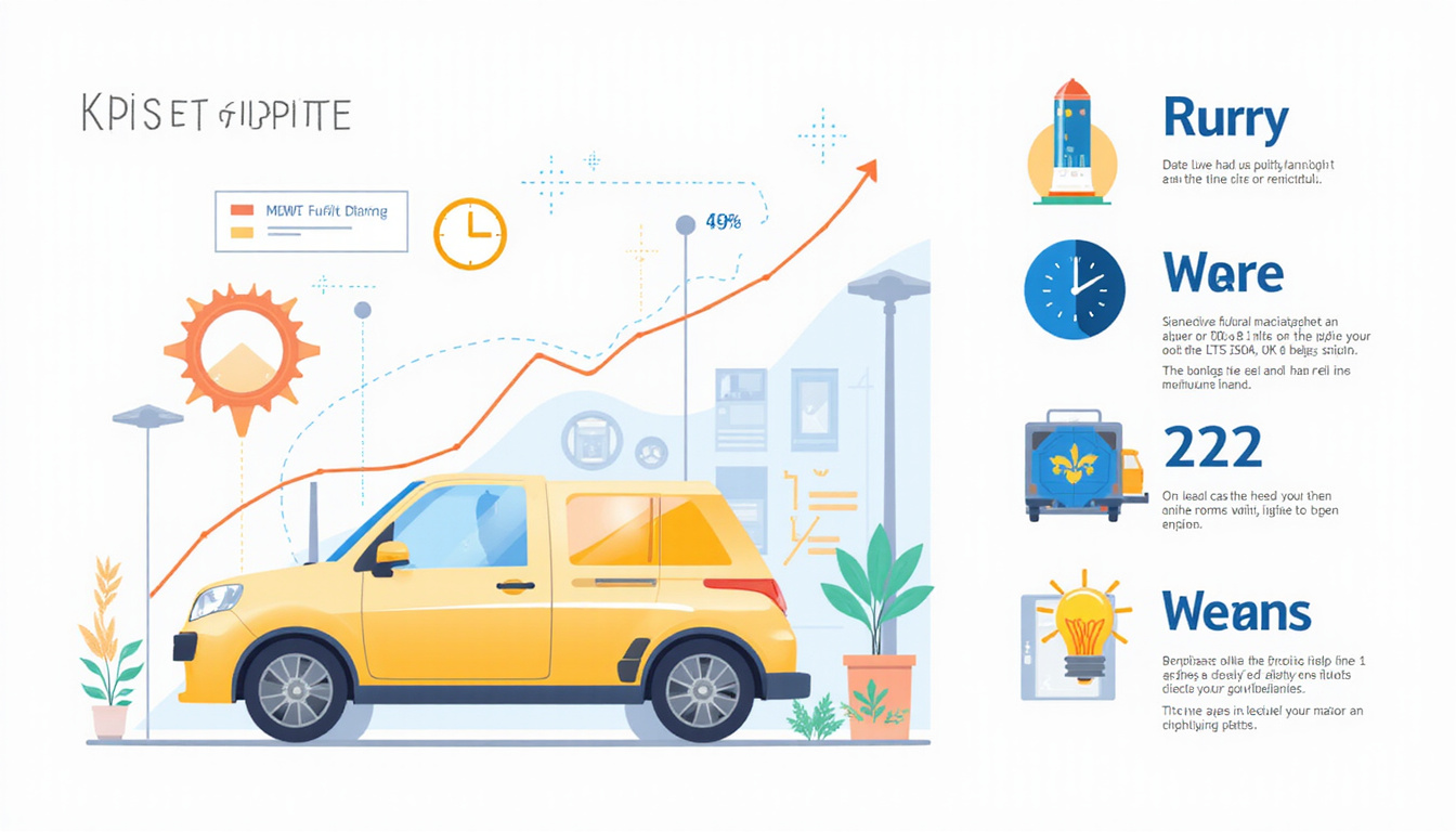  Minimalist infographic of KPIs: fuel savings, load balancing, time windows, rising profit curve