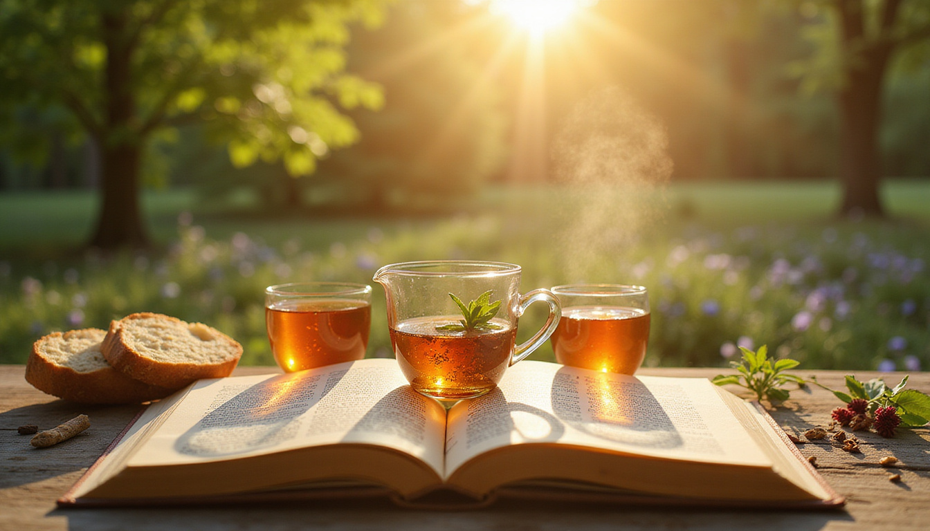 Sacred table of nourishing symbols: herbal tea, bread, sunlight, open books, humming energy