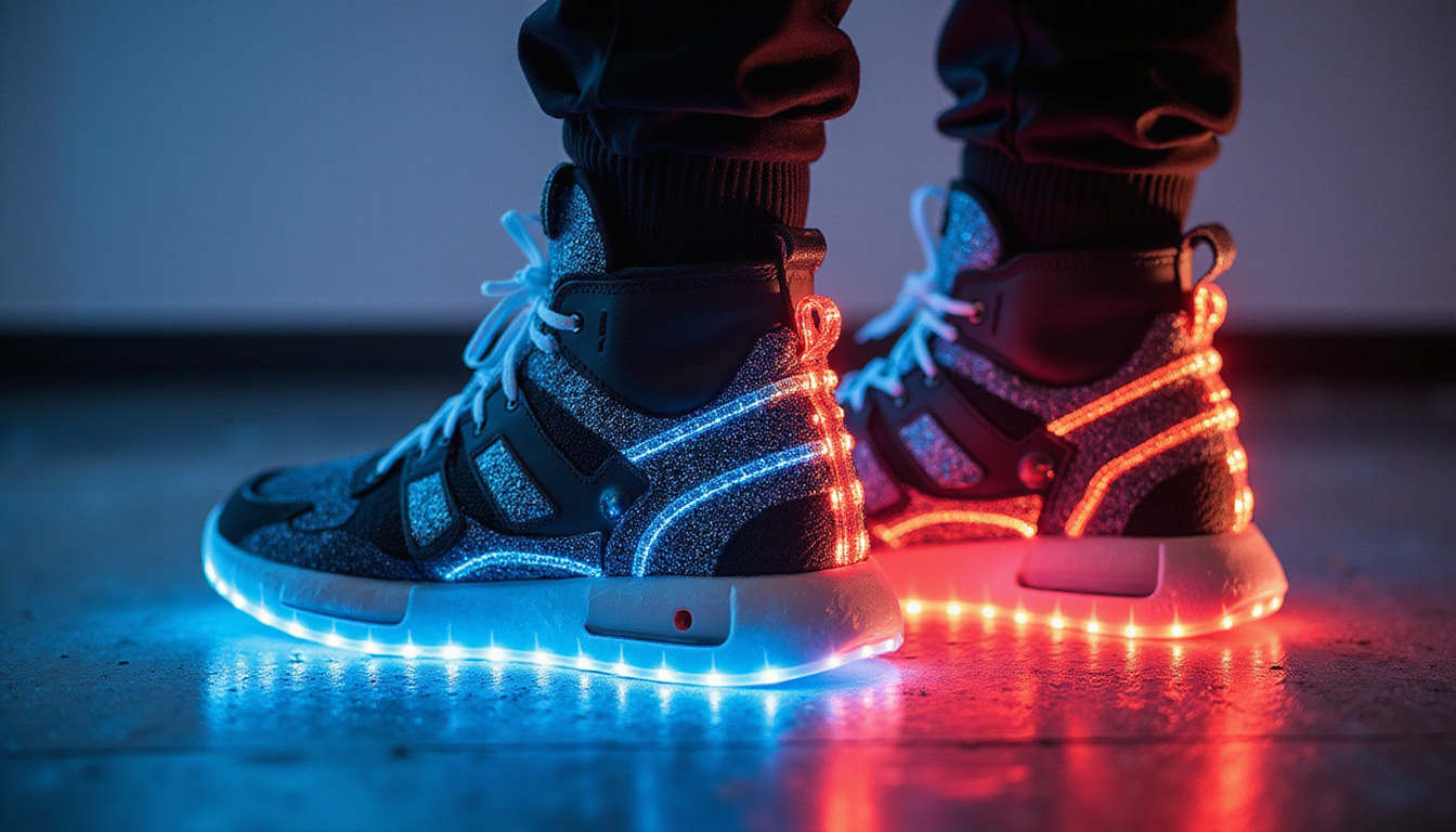  Close-up of high-tech compression recovery boots inflating, dynamic lighting, performance data hologram
