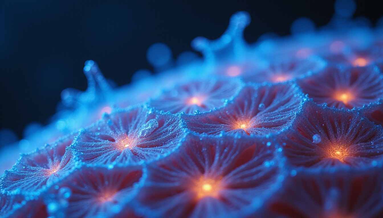 Cross-section of skin with menthol molecules cooling TRPM8 receptors, neon blue neurons, dramatic lighting