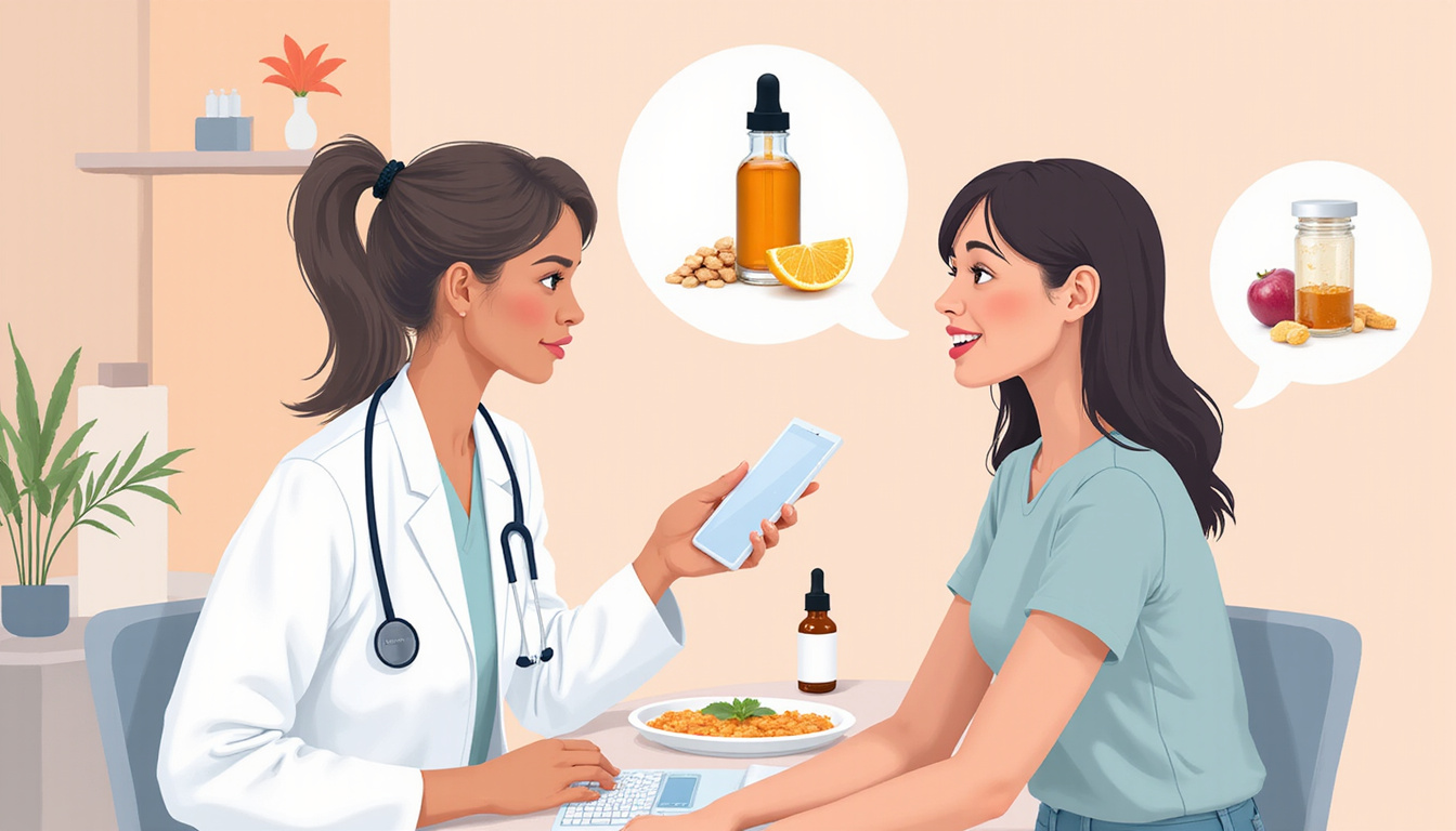  doctor advising woman, prevention strategies illustrated: scalp massage, topical serum, vitamins, balanced diet