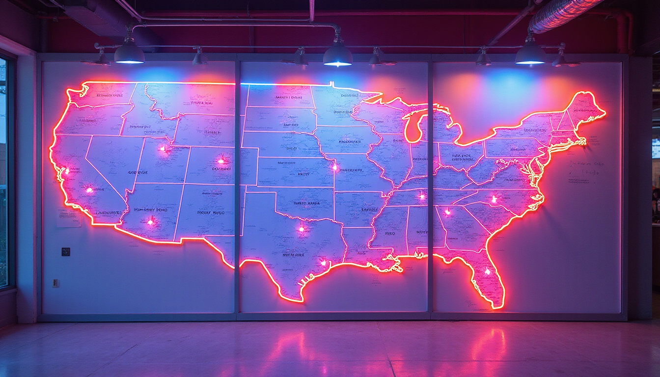 Stylized retail display map showing secret print placements, arrows, growth charts, neon contrast