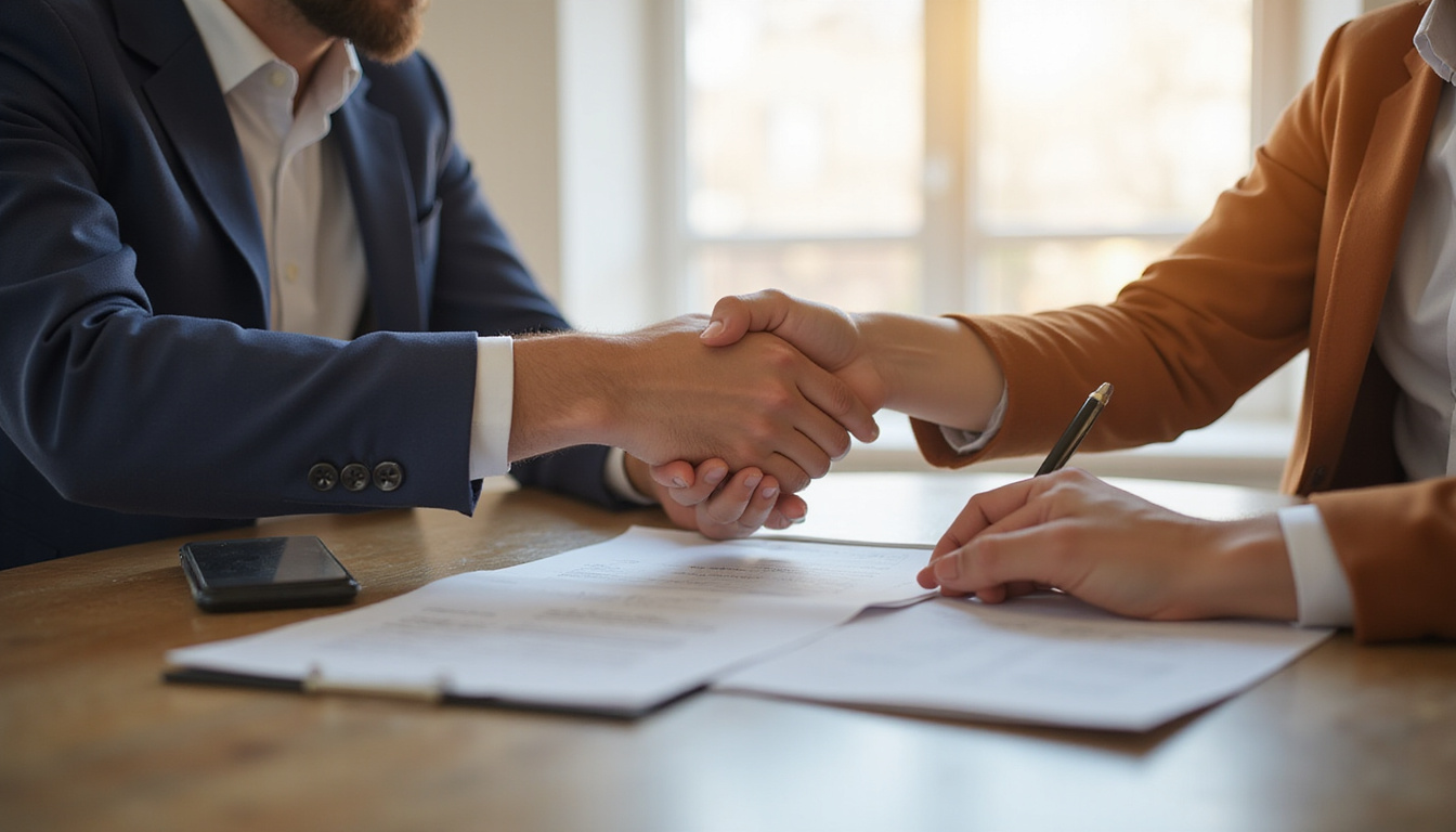Friendly landlord and tenant signing lease, handshake over security deposit receipt, warm lighting