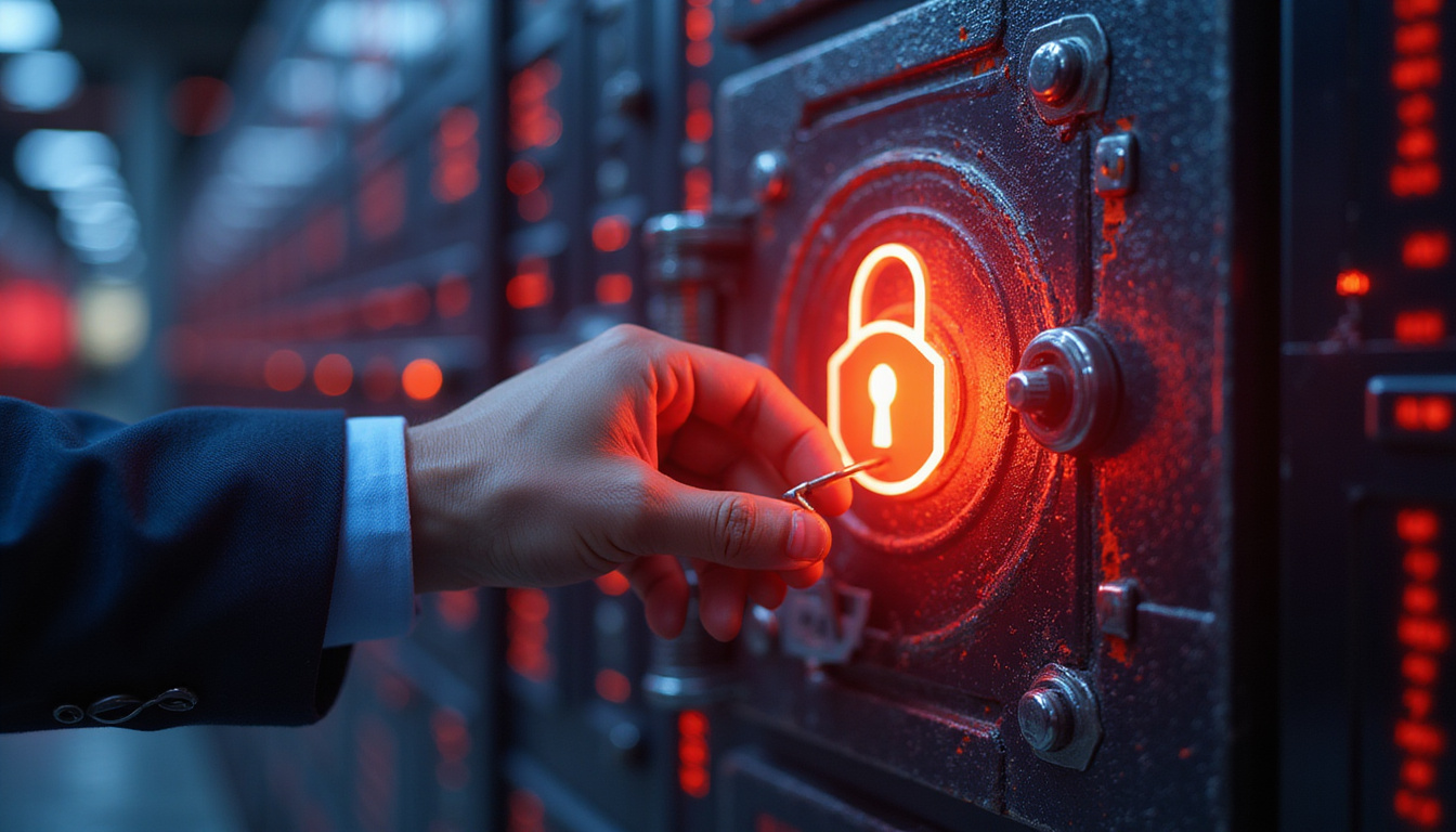 Key unlocking vault of premium clients, handshake glowing, upward revenue graph, sleek neon