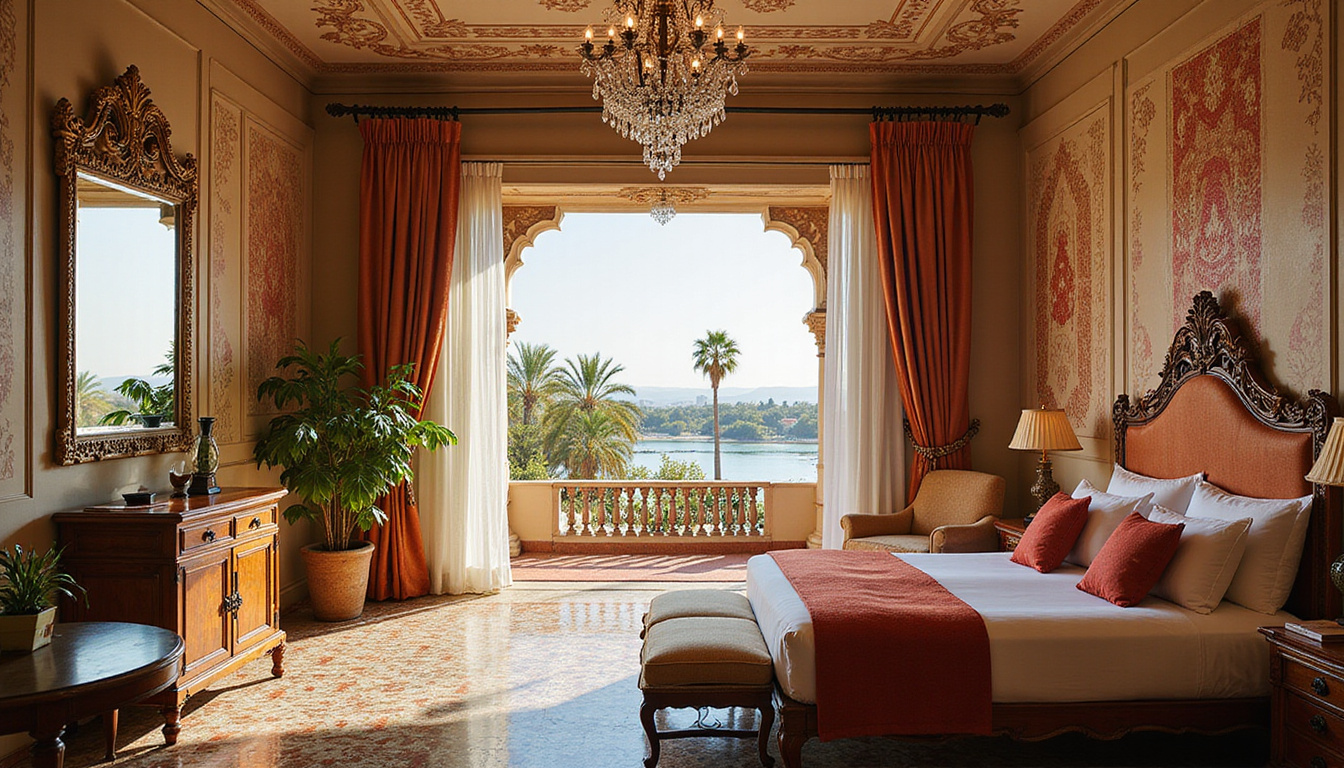  Lavish vintage suite with crystal chandeliers, patterned tiles, terrace overlooking palm-fringed Nile