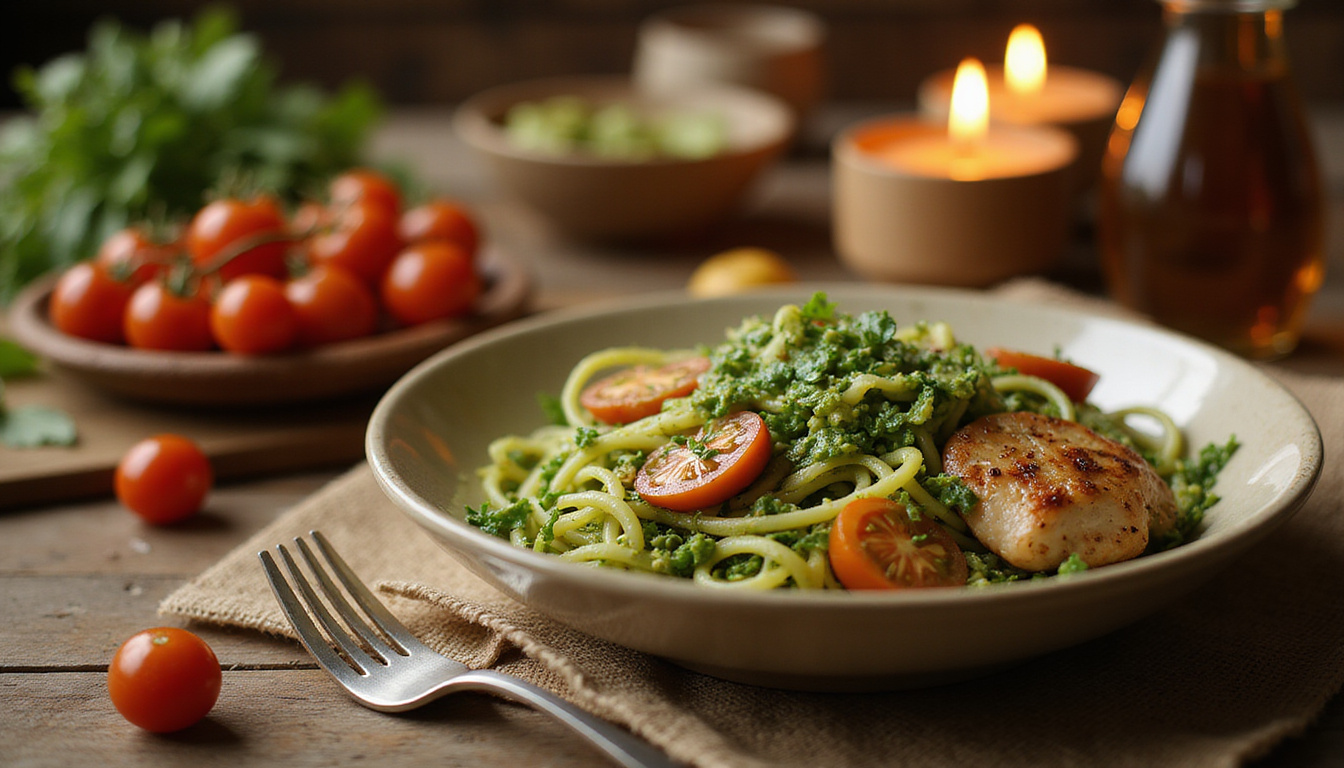 Zucchini noodle pesto bowl, cherry tomatoes, grilled chicken, glowing warm candlelight, cozy kitchen
