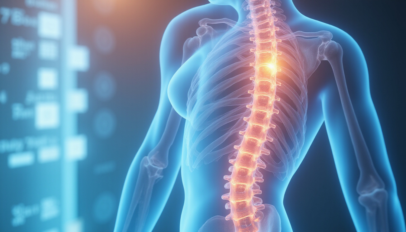 Transparent overlay of lumbar vertebrae, safety icons for pregnancy and radiation, informative pamphlet close-up