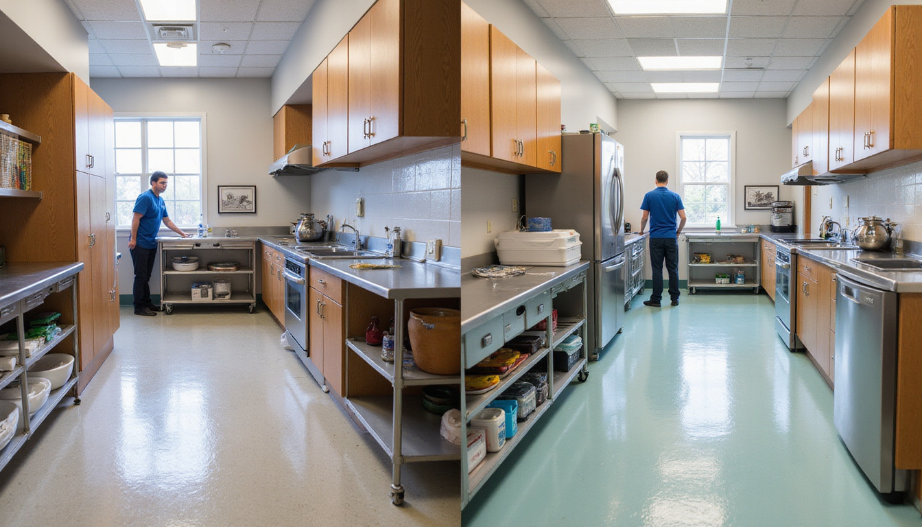 Before and after kitchen cleanup showing gleaming floors, labeled bins, smiling efficient crew