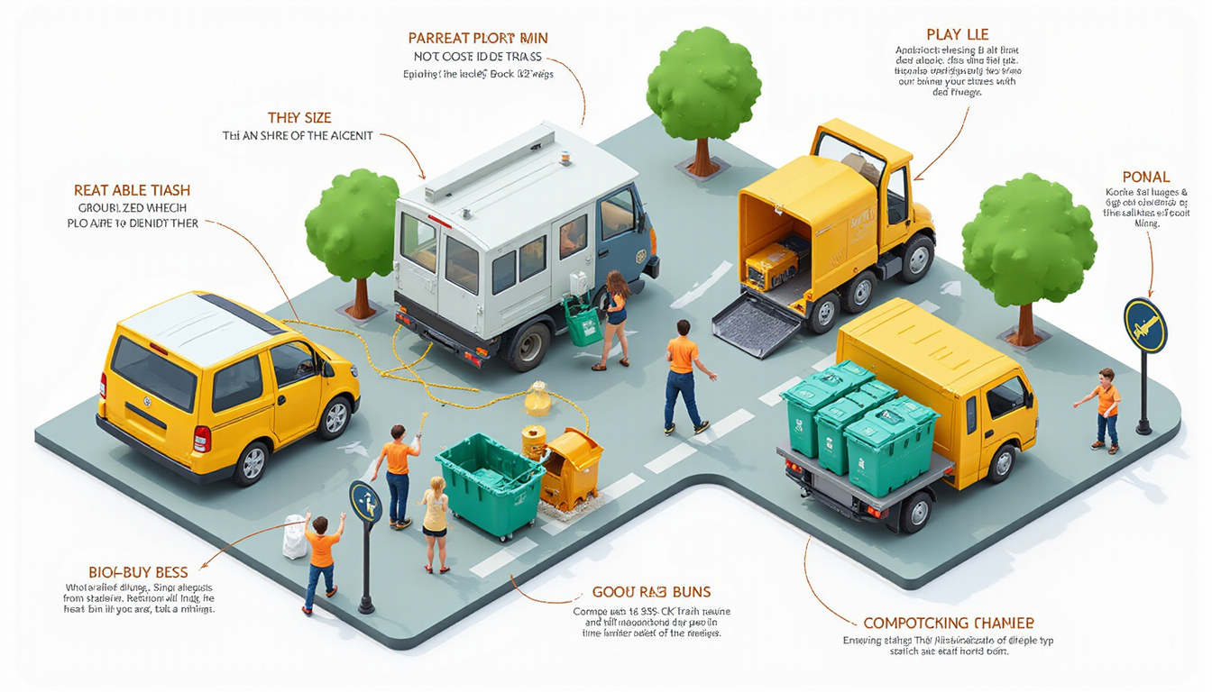  isometric infographic of cost-saving trash bin delivery, compacting mechanisms, labeled bins, tidy street