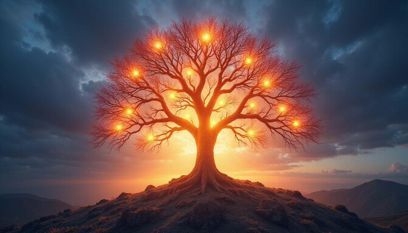 Tree of life with nine luminous branches connecting to human mind, sacred geometry, ambient sunrise