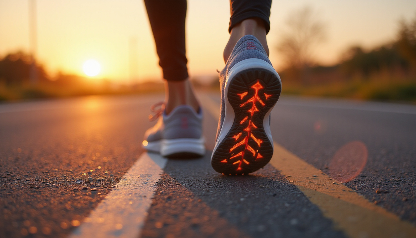  Close-up sole impact with force arrows, relieved aching foot, improved posture, sunrise urban road