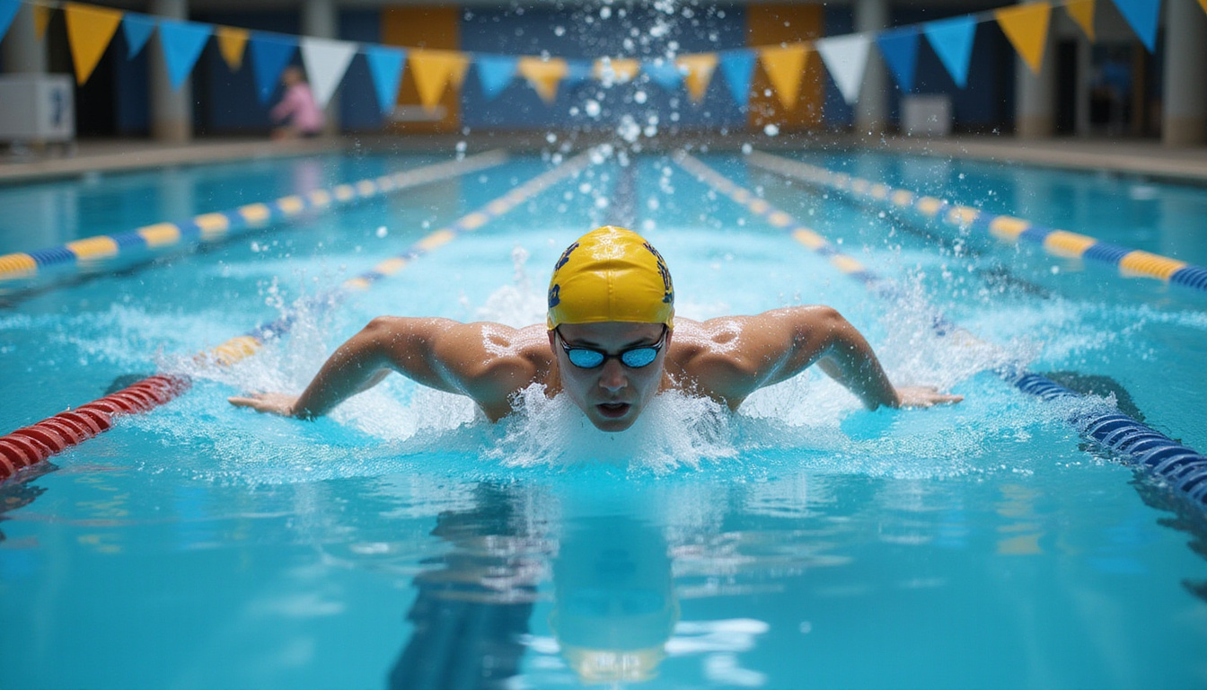  High-speed pool scene, coach timing swimmer, motion blur, lanes, dynamic splash, stopwatch reflection