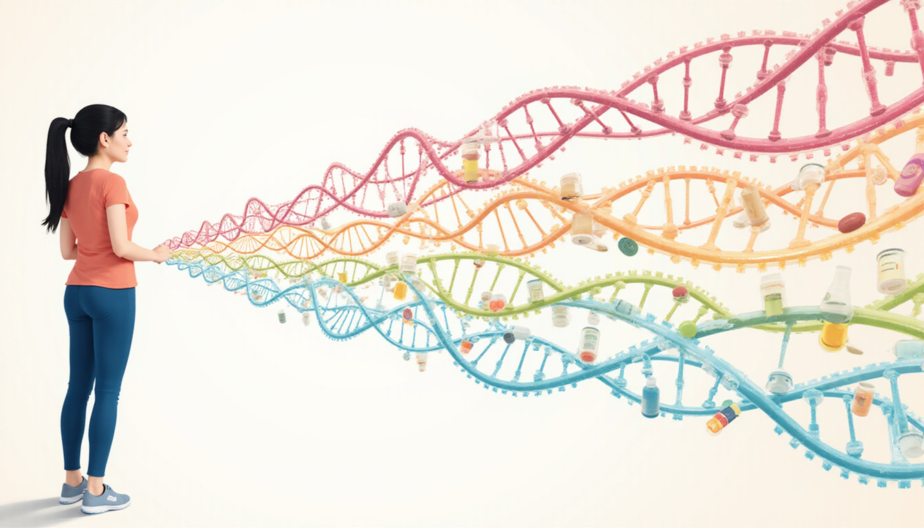  Personalized HRT plan visualized as colorful DNA strands connecting to tailored medication icons