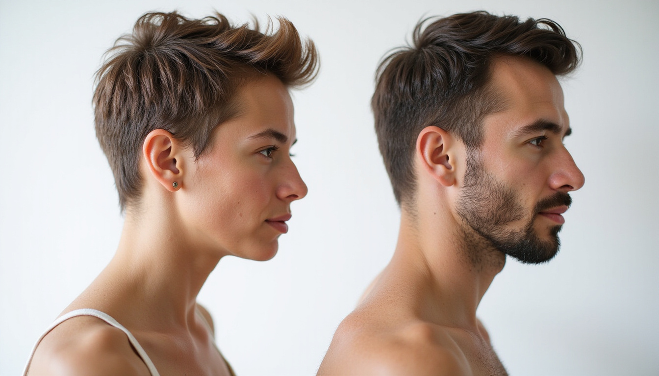  Before-and-after portrait: thinning hair to thick regrowth, botanical herbs and microscopic DHT molecules fading