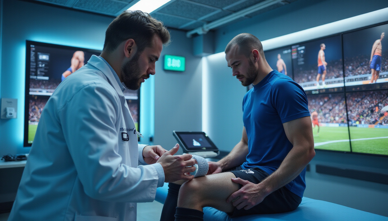  Sports physician examining soccer player, kinesiology tape, ultrasound device, futuristic clinic with motion-capture screens