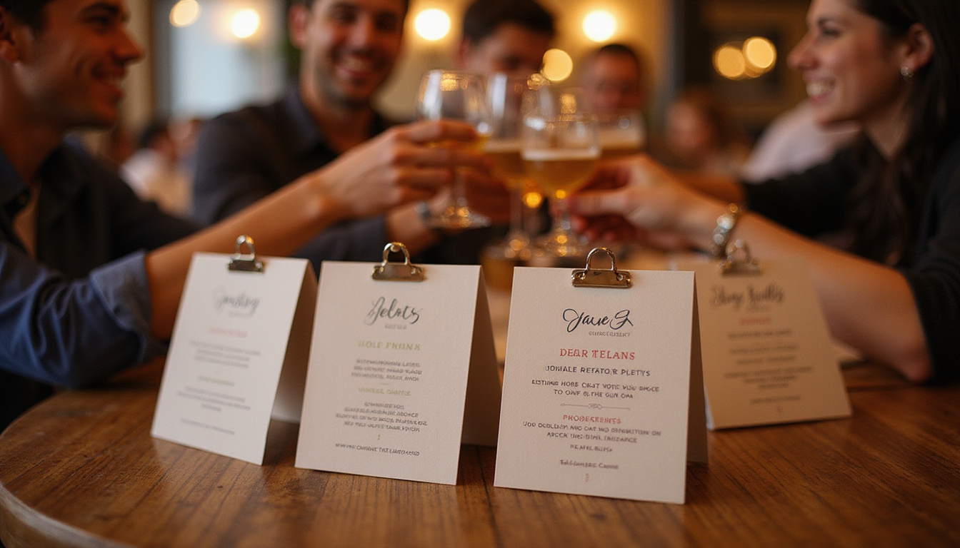 Minimalist elegant tent cards showcasing specials, warm lighting, engaged patrons clinking glasses, joyful energy