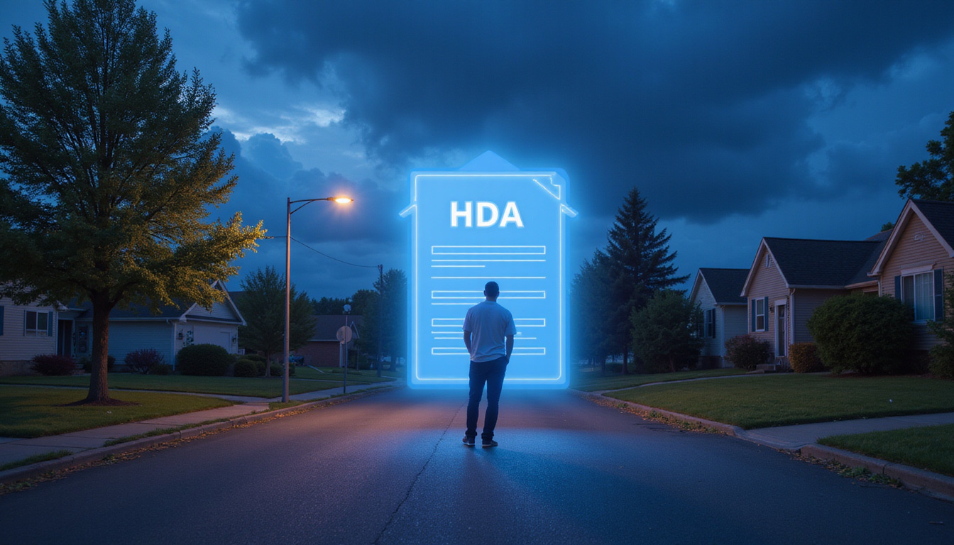 Suburban street with glowing HOA bill overlay, worried homeowner silhouette and stormy sky