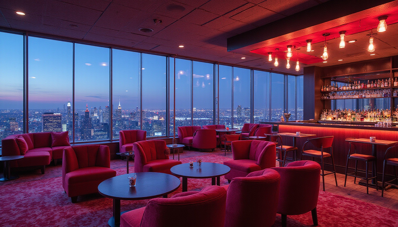 Opulent hotel interior rooftop bar, panoramic skyline views, plush velvet seating, ambient lighting
