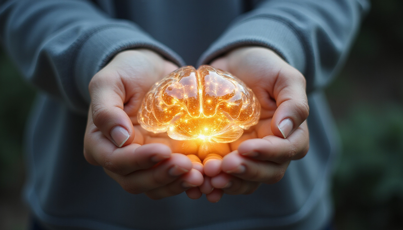  Hands offering a translucent pill morphing into blooming brain, warm light, hopeful surrealism