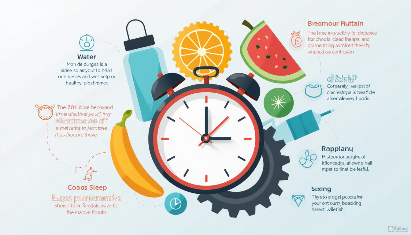  Minimalist infographic style body clock, gears, healthy foods, water bottle, sleep, exercise, vibrant colors