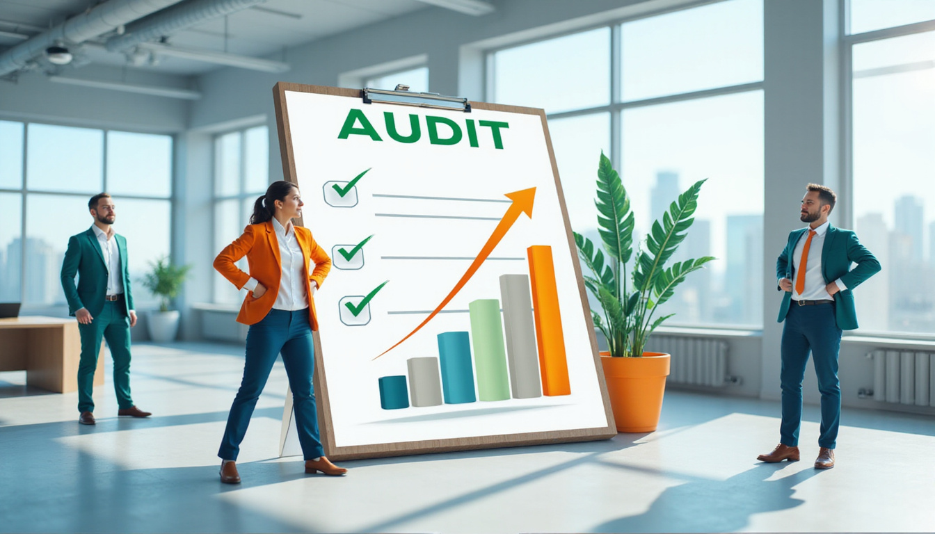 Modern office audit scene, clipboard checklist, bar graphs rising, green arrows, repaired pipes, confident businesspeople