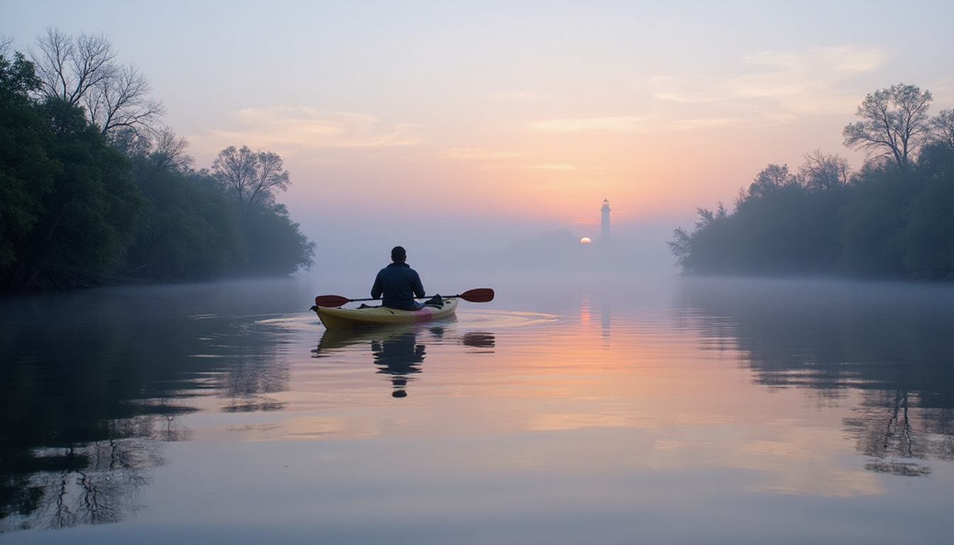 Foggy morning kayak through mangrove channel, paddle reflections, pastel sky, distant lighthouse
